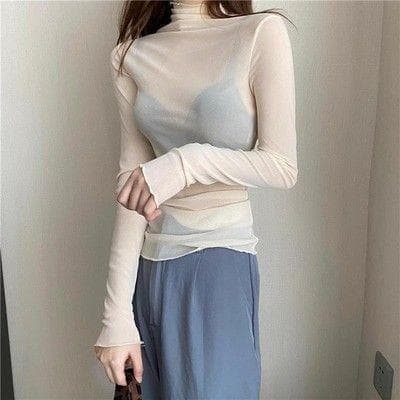 訳有　シアートップス　ベージュ　ハイネック　トップス シースルー 春 トップス — image 2