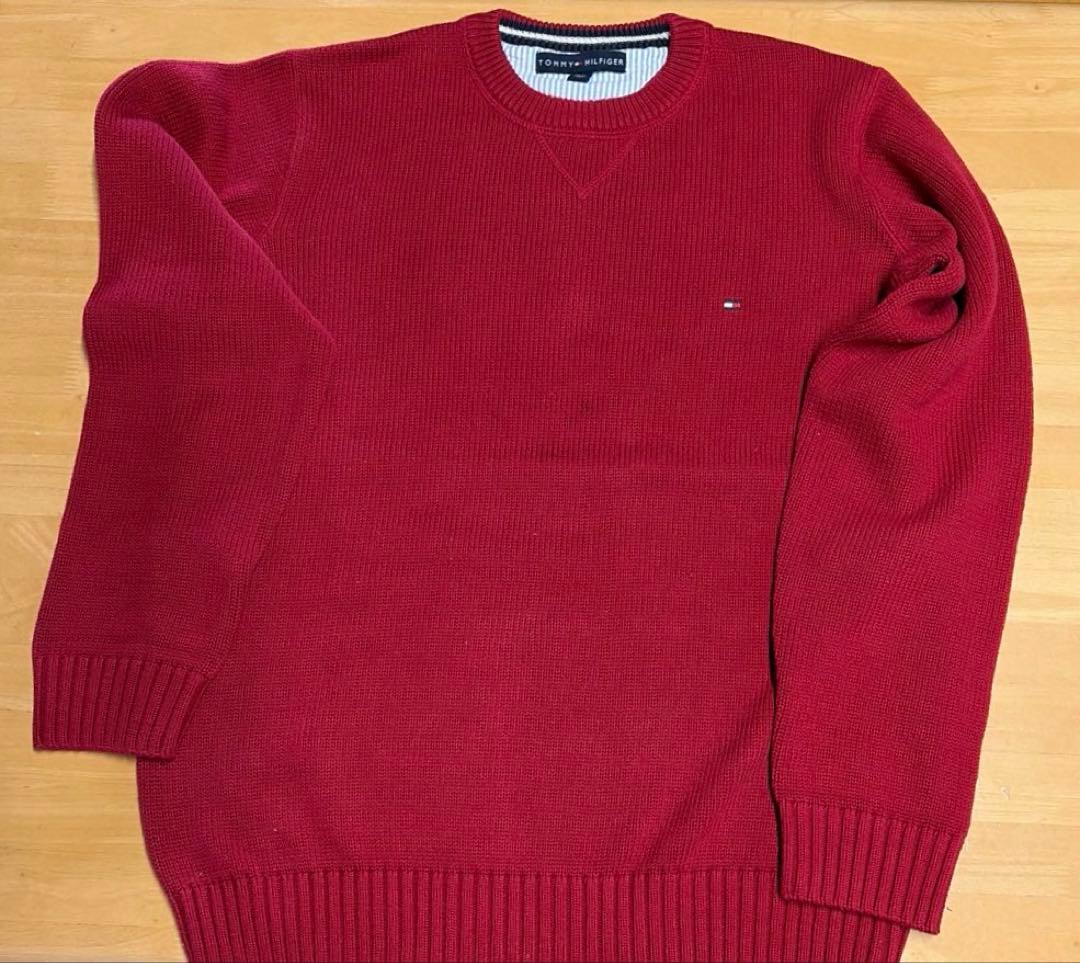 TOMMY HILFIGER ヘビーコットン ニットセーター 赤 ロゴ刺繍入り — image 4