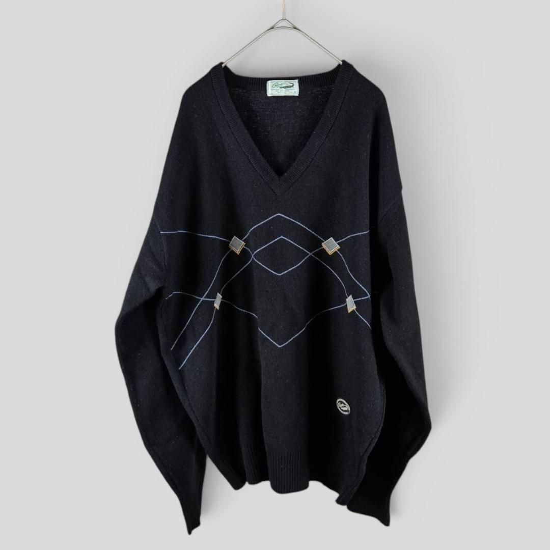 CROCODILE クロコダイル Vネック 長袖 ニット ブラック L — image 2
