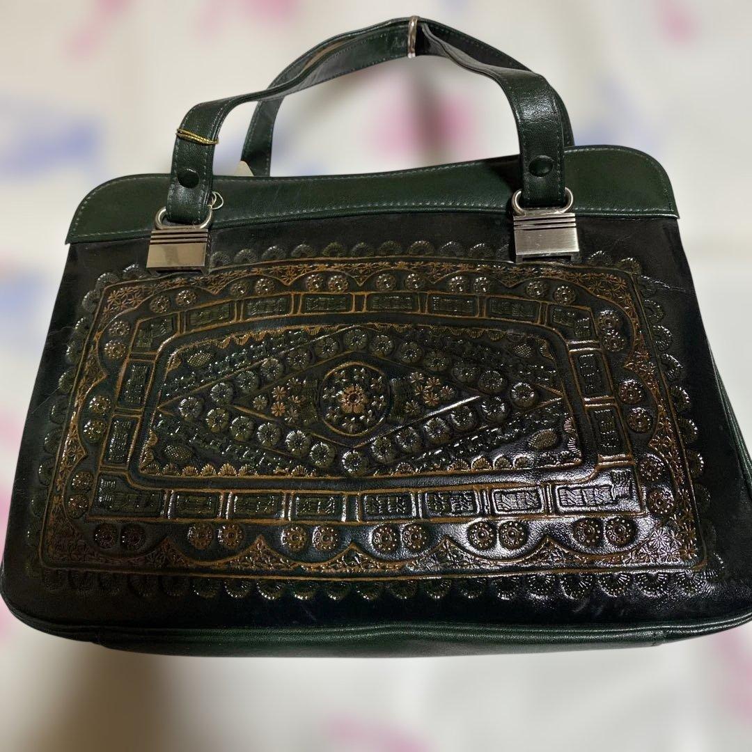 昭和レトロ　ハンドバック　手鏡入り　牛皮　国産品　デッドストック　新品未使用 — image 2