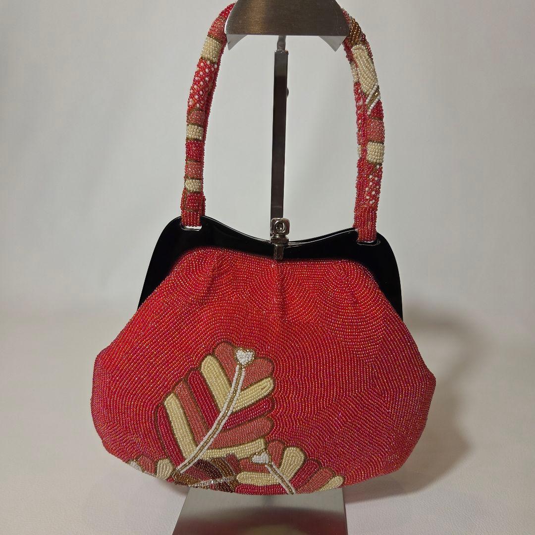 【美品】ビーズバッグ　総ビーズ　ハンドバッグ　がま口　花柄　刺繍⑤ — image 4