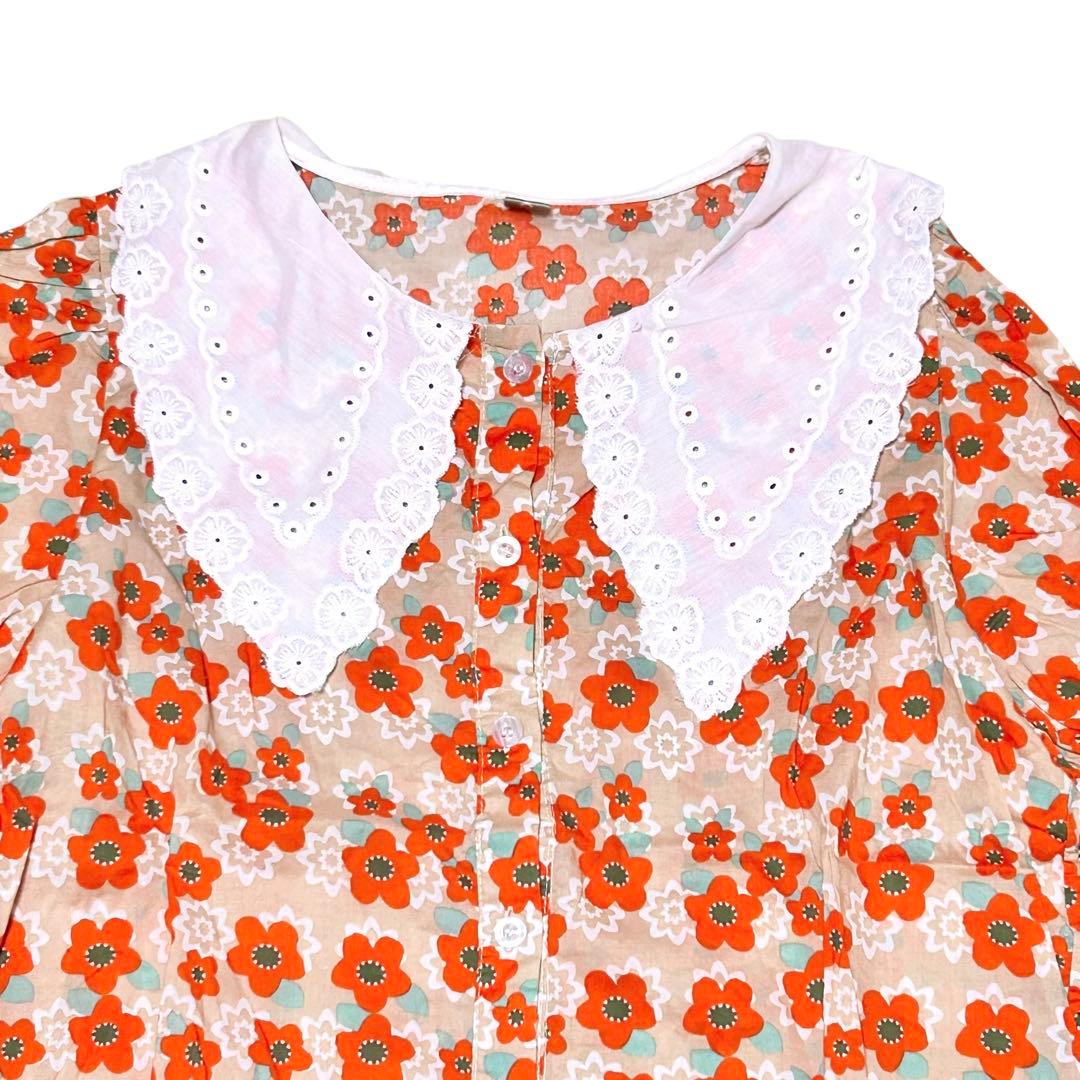 レディース 半袖ブラウス 総柄シャツ ビッグカラー レース襟 レトロな花柄 — image 4