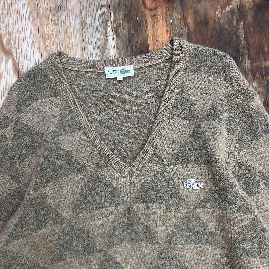 80s Chemise Lacoste Vネック ニット セーター 幾何学模様 — image 3
