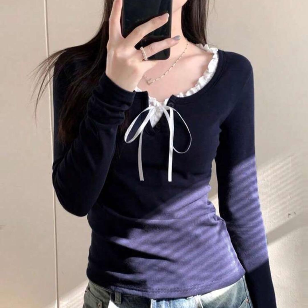 SHEIN フリル フロントタイ 長袖カジュアルTシャツ 春夏用 ネイビー M — image 2