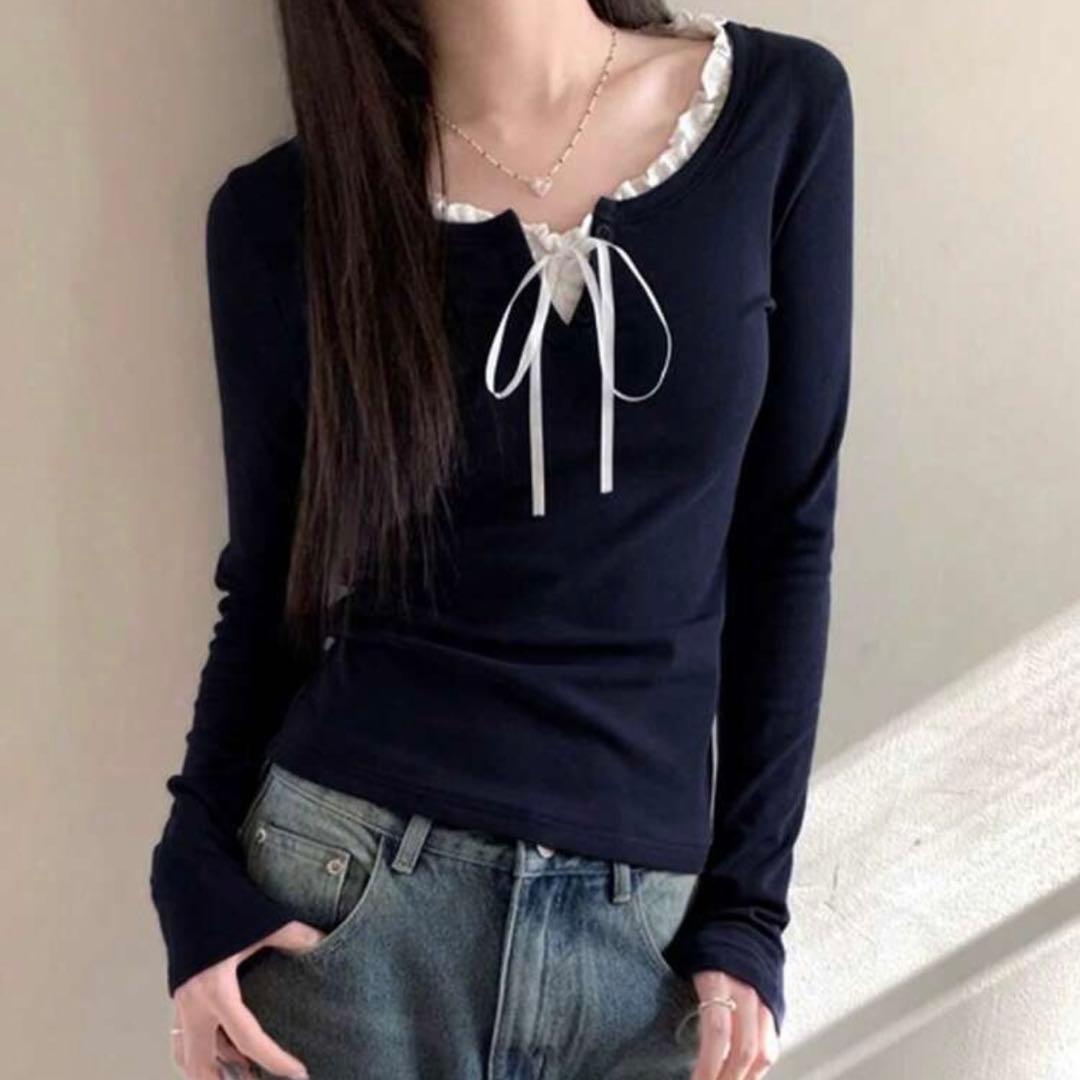 SHEIN フリル フロントタイ 長袖カジュアルTシャツ 春夏用 ネイビー M — image 3
