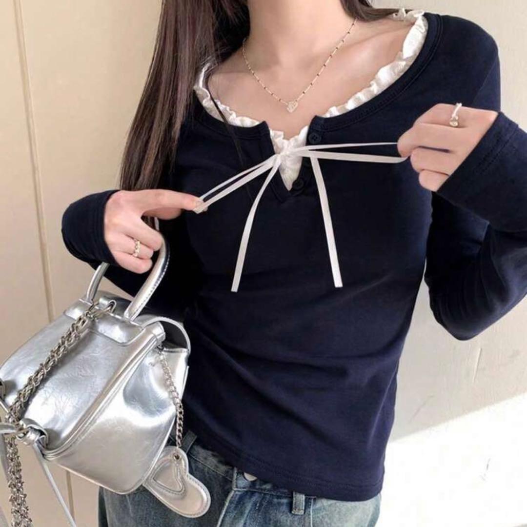 SHEIN フリル フロントタイ 長袖カジュアルTシャツ 春夏用 ネイビー M — image 4