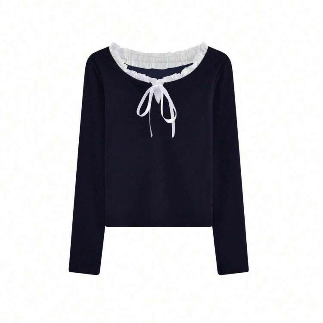 SHEIN フリル フロントタイ 長袖カジュアルTシャツ 春夏用 ネイビー M — image 5