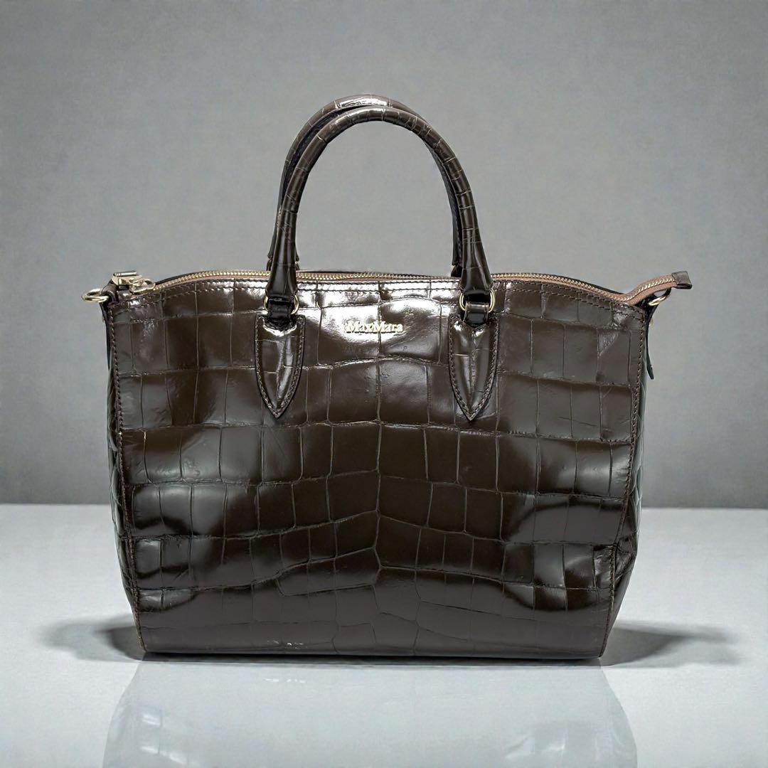 MaxMara　ハンドバッグ　ショルダー　2way　クロコダイル型押し　カーキ — image 2