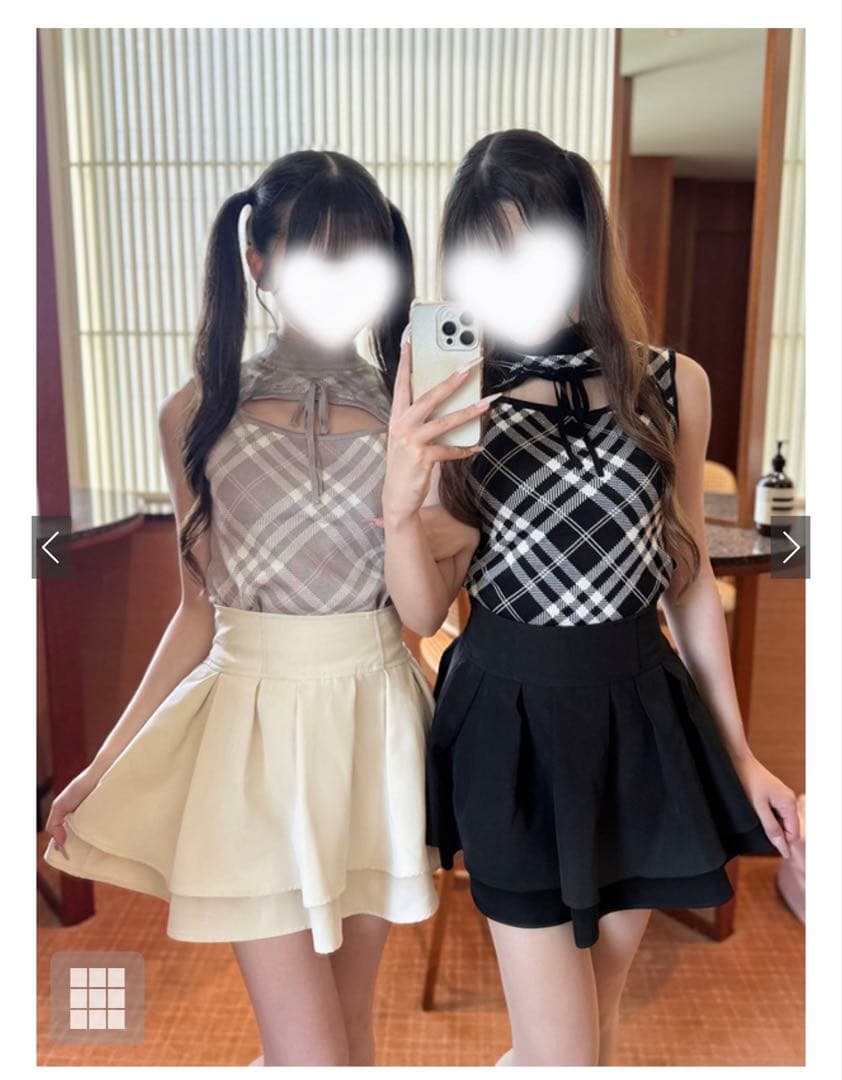ru1367 チェック柄フロントオープンリボンノースリーブニットトップス　S — image 2