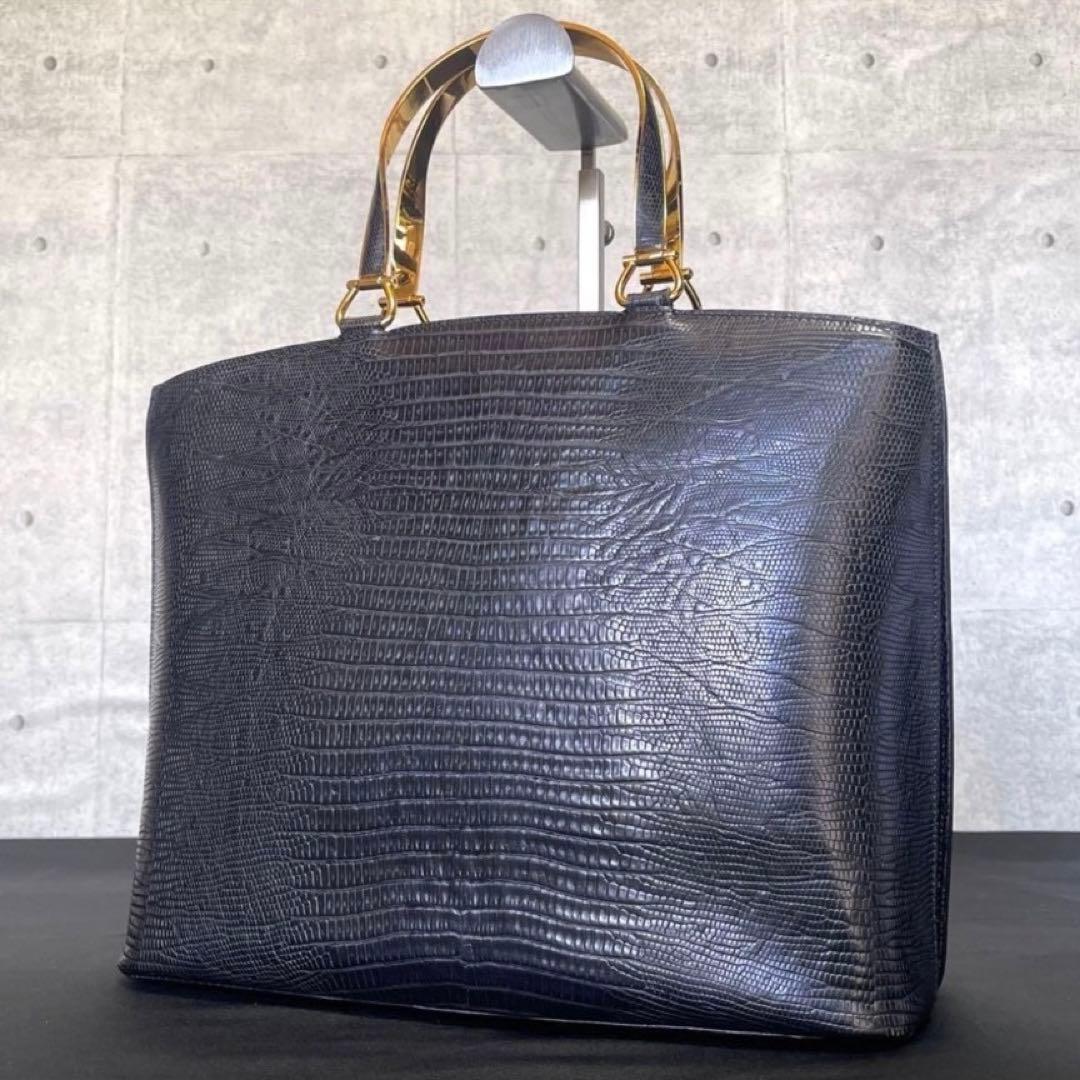 【美品】WAKO 銀座和光 リザード型押し ブラック ゴールド金具 ハンドバッグ — image 2