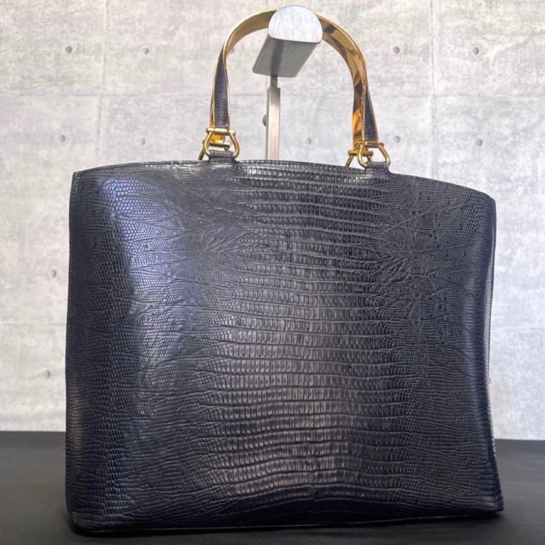 【美品】WAKO 銀座和光 リザード型押し ブラック ゴールド金具 ハンドバッグ — image 3