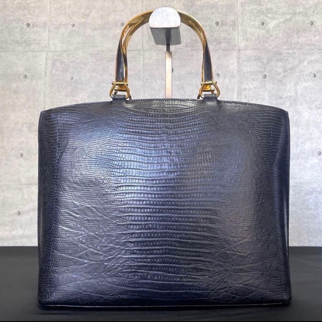【美品】WAKO 銀座和光 リザード型押し ブラック ゴールド金具 ハンドバッグ — image 4