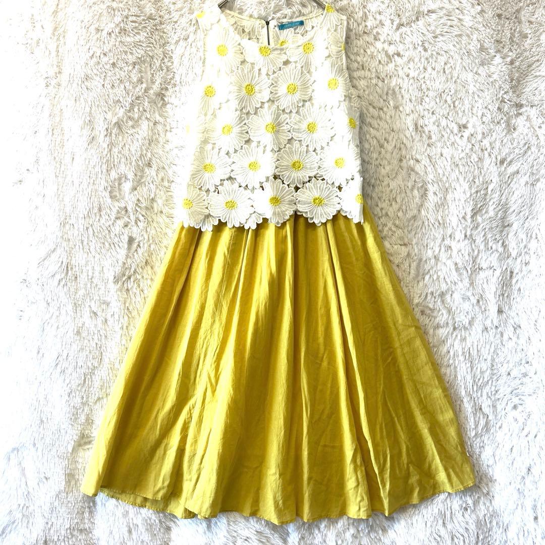 ワークカット花柄刺繍ノースリーブトップス エンブロイダリー　ホワイト×イエロー — image 2
