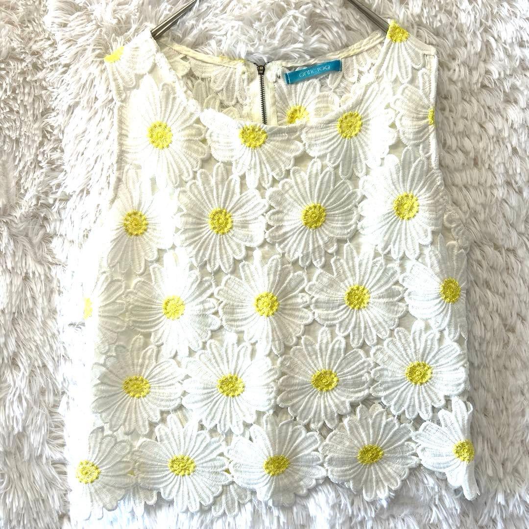ワークカット花柄刺繍ノースリーブトップス エンブロイダリー　ホワイト×イエロー — image 3