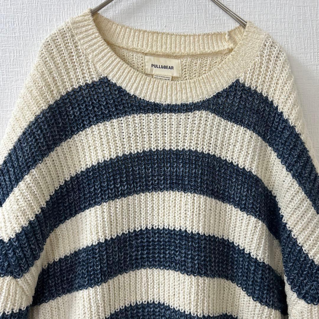 PULL&BEARプルアンドベア ボーダーニット　 L　アイボリー　ネイビー — image 2