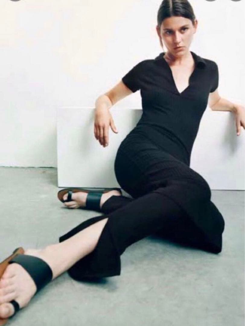 ZARA コットン リブ ポロネック ワンピ 黒 ブラック — image 2
