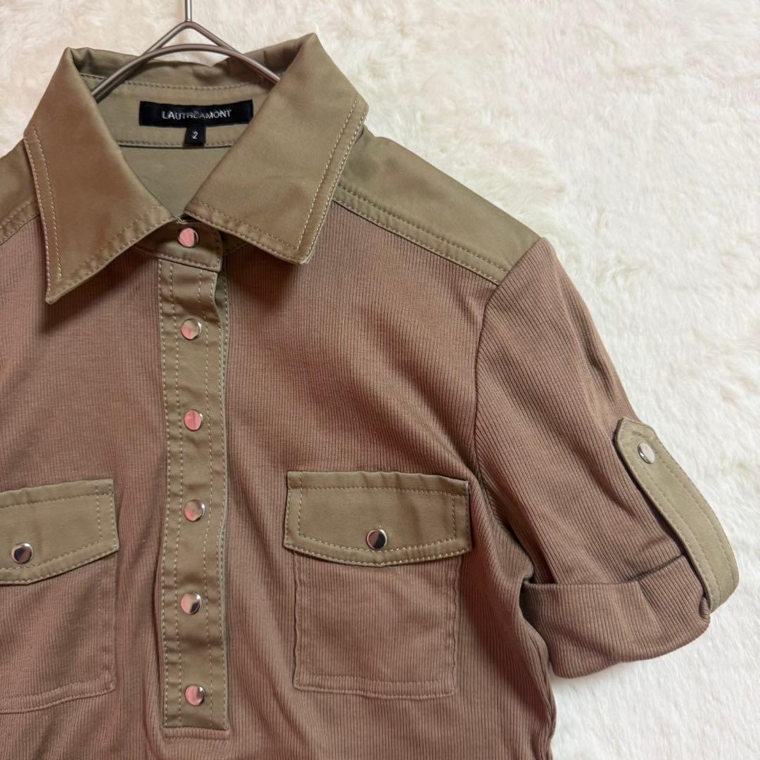 美品 LAUTREAMONT（ロートレアモン）カーキ M リブ 半袖 ポロシャツ — image 3