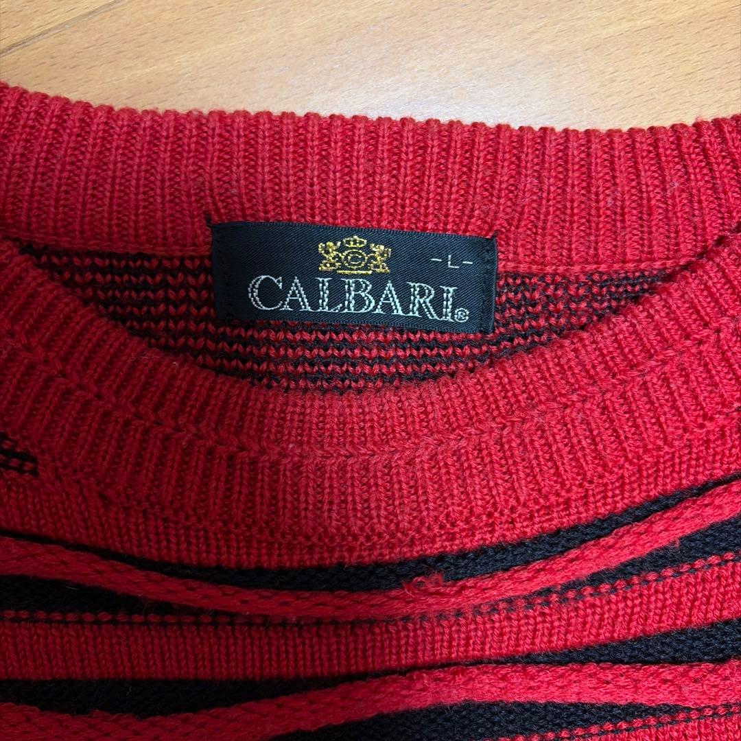 CALBARI クルーネック ニット セーター レッド ブラック L 短丈 — image 3