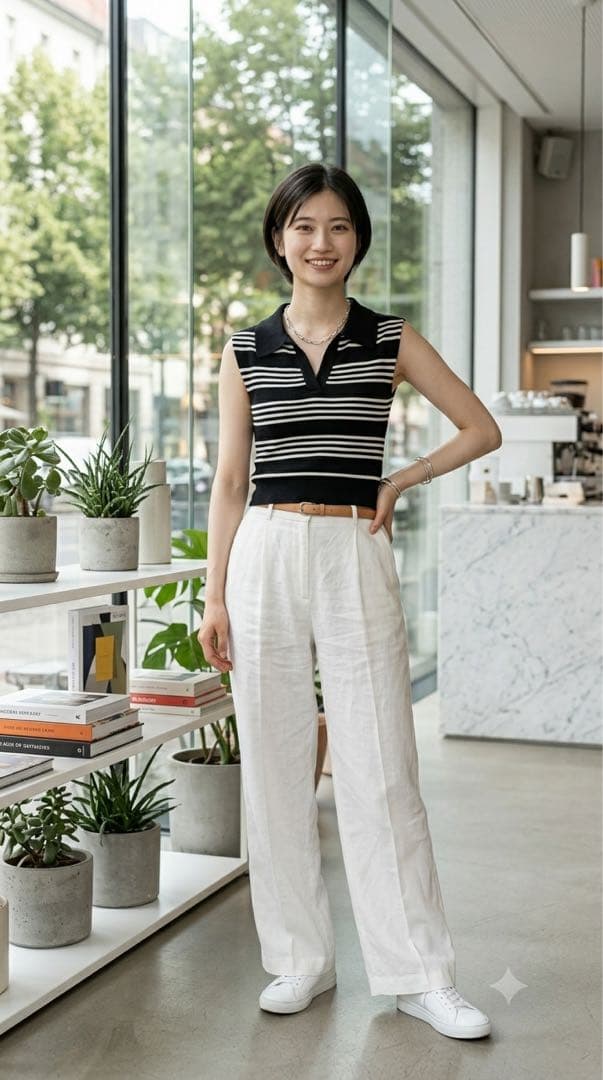 【新品未使用】ボーダー ニット ポロシャツ クロップド丈 ノースリーブ 韓国 — image 5