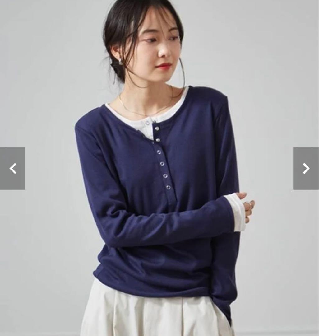 【タグ付】レイヤードヘンリーネックリブTシャツ ネイビー M — image 4
