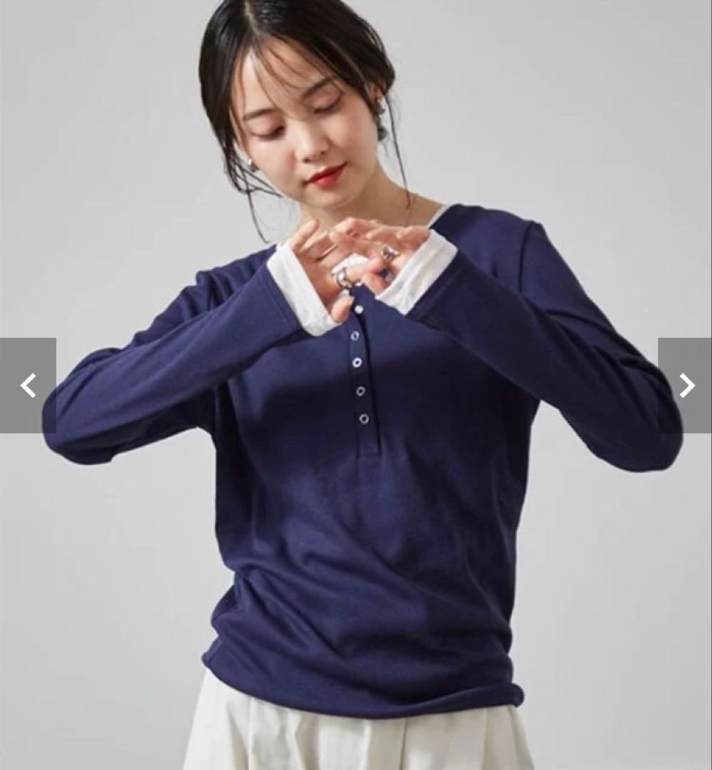 【タグ付】レイヤードヘンリーネックリブTシャツ ネイビー M — image 5