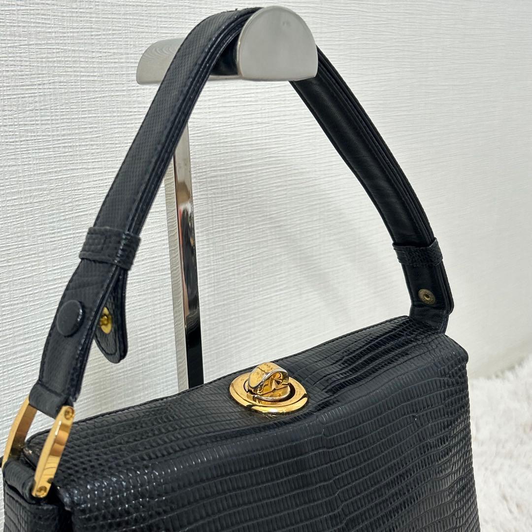 ハンドバッグ ブラック リザード型押し風 ゴールド金具 ターンロック フォーマル — image 2