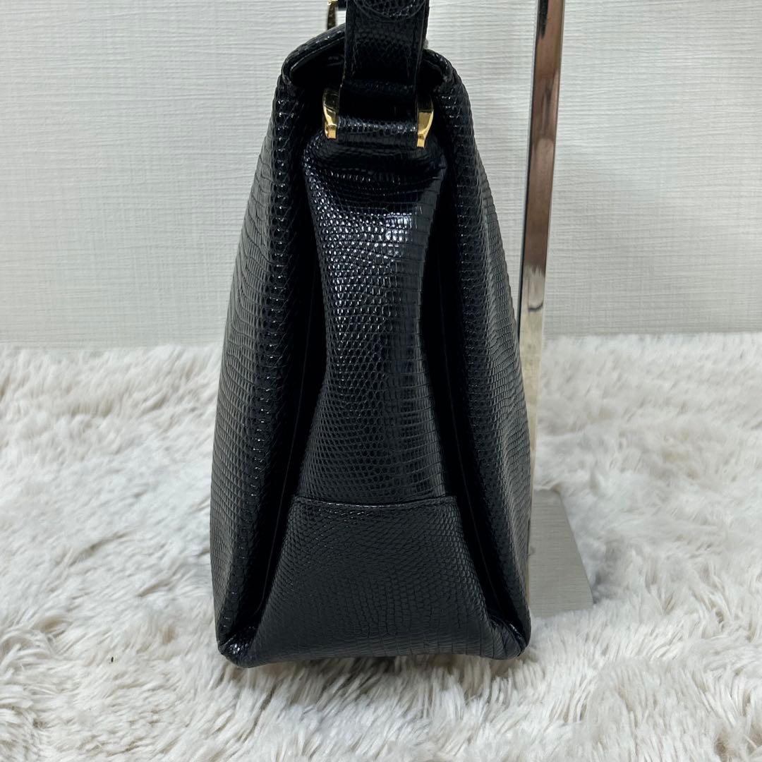 ハンドバッグ ブラック リザード型押し風 ゴールド金具 ターンロック フォーマル — image 4
