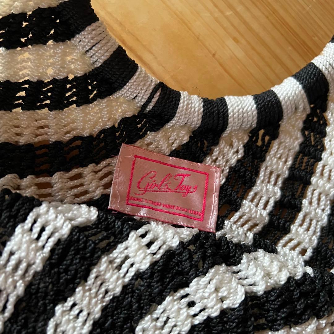 【美品】編みバッグ 手提げバッグ モノトーン 黒白 ハンドメイド — image 2