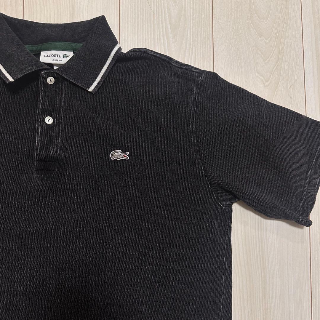 LACOSTE ブラック LOOSE FIT 配色リブニットインディゴポロシャツ — image 4
