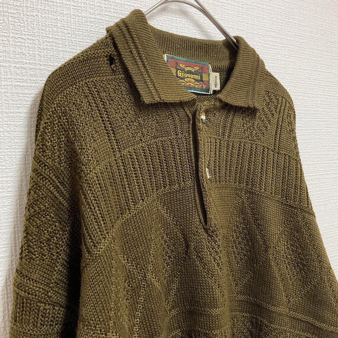 Giovanni 3Dニット セーター 襟付き カーキ 緑 総柄 刺繍　Y2K — image 3