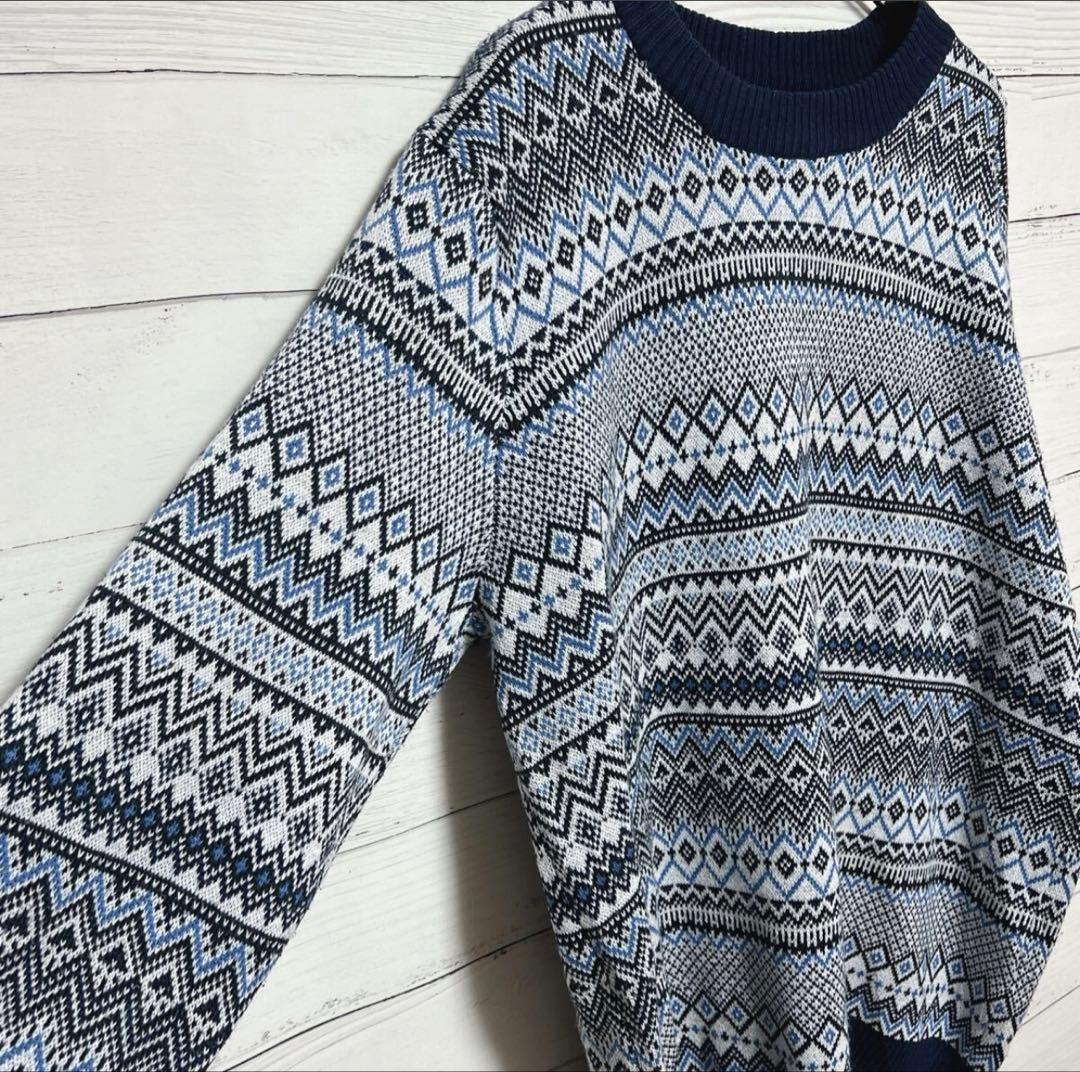 JACAMO 総柄ニット セーター ビッグ1XL ブルー系 ノルディック柄⁠ — image 3
