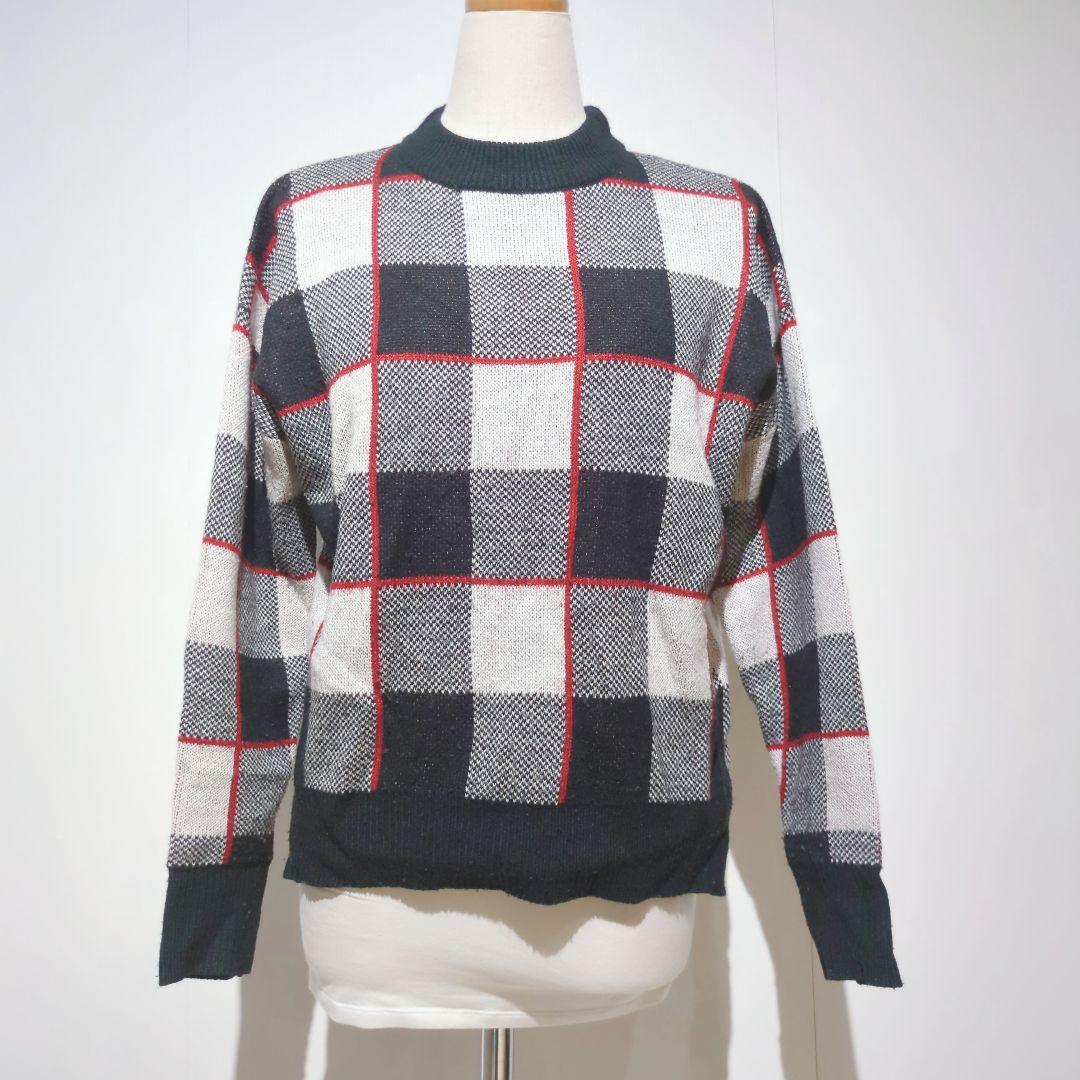GLOBAL WORK チェック柄ニット M ネイビー×レッド — image 2