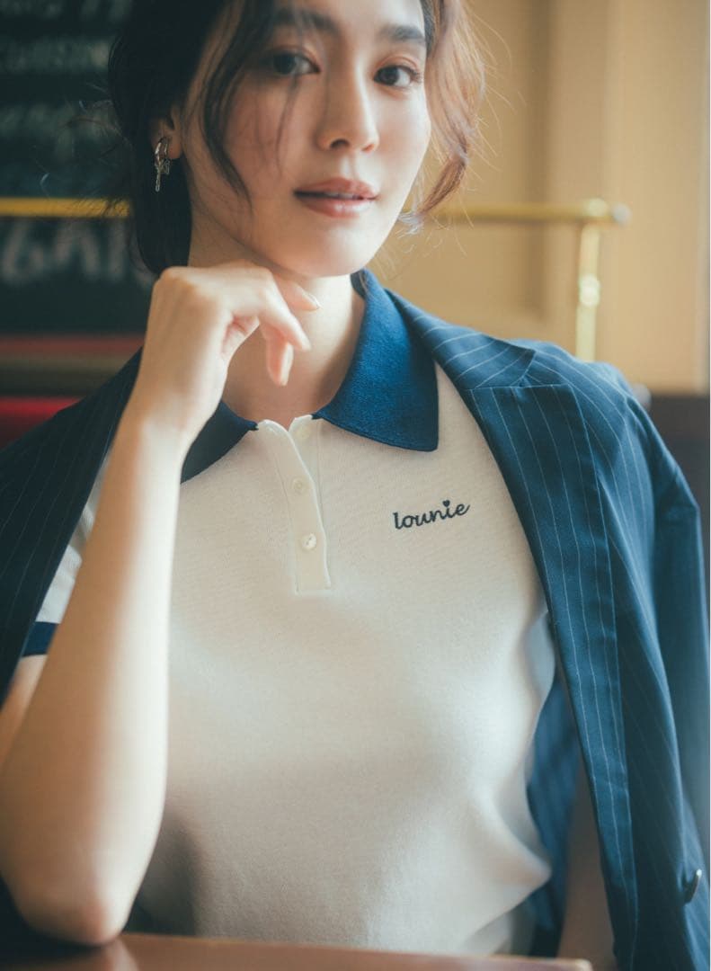 【美品】LOUNIE 復刻 ワンポイントポロニット オフ×ネイビー F 1回着用 — image 2