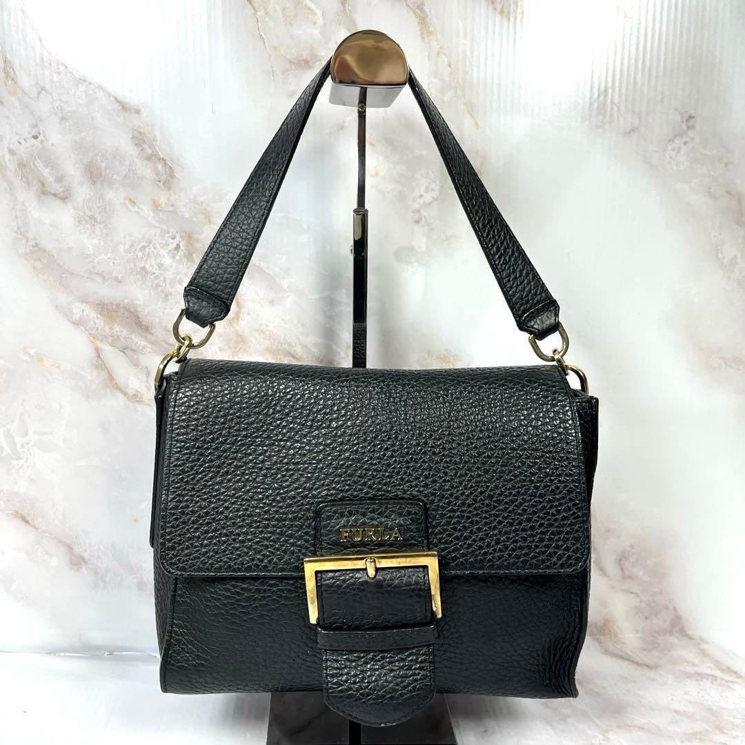【美品】 FURLA ハンドバッグ バッグ シボ革　レザー　黒 フロー — image 2