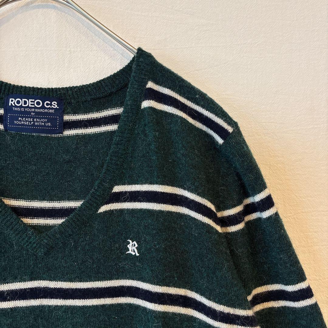 RODEOCROWNS ボーダー　Vネックニット　セーター　グリーン　古着 — image 2
