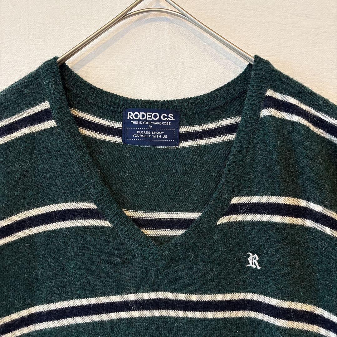 RODEOCROWNS ボーダー　Vネックニット　セーター　グリーン　古着 — image 3