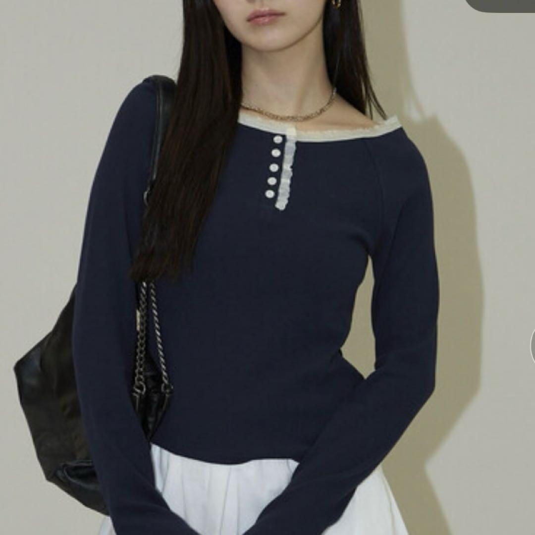 （一度着用）PUBLUX 襟 レース 切替 ロングスリーブ Tシャツ※タグなし — image 2