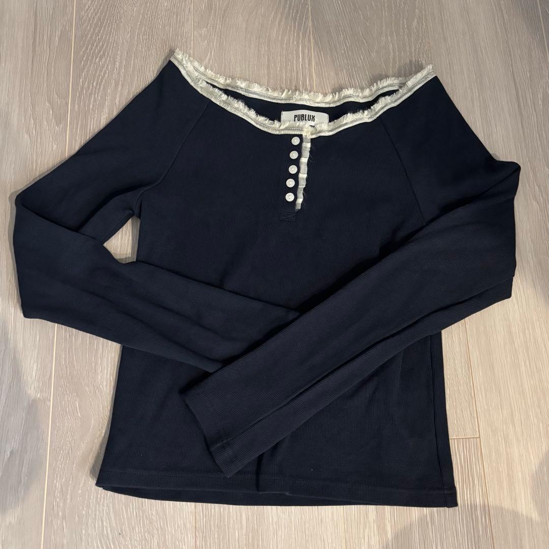 （一度着用）PUBLUX 襟 レース 切替 ロングスリーブ Tシャツ※タグなし — image 5