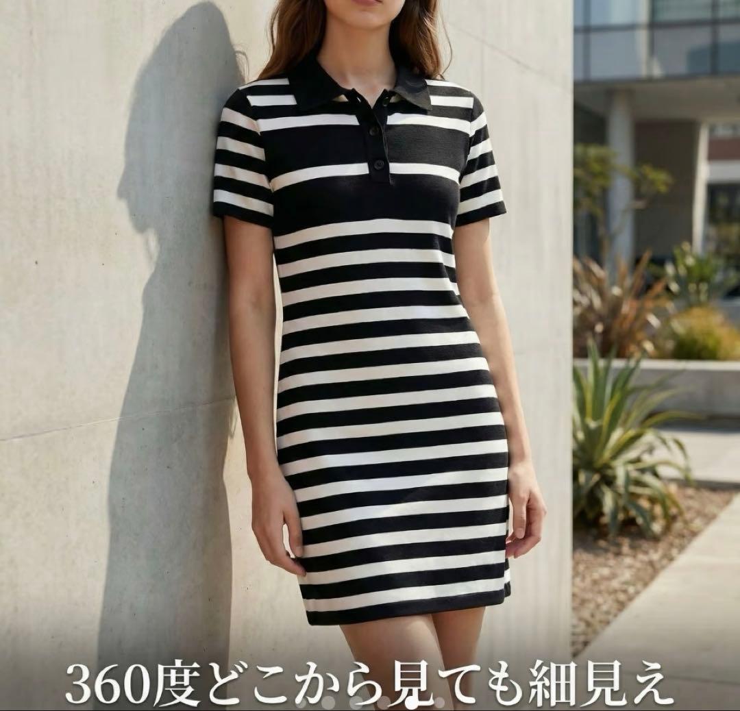 黒と白のストライプ 半袖ニットワンピース — image 5