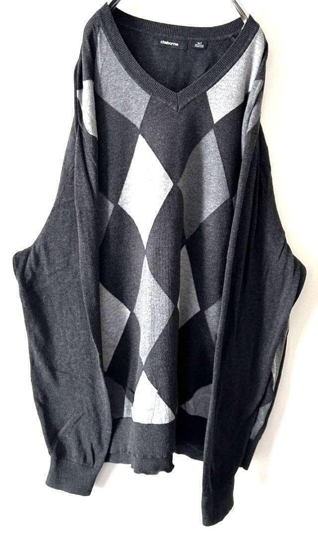 claiborne Vネック グレー古着 セーター ニット アーガイル XL — image 2