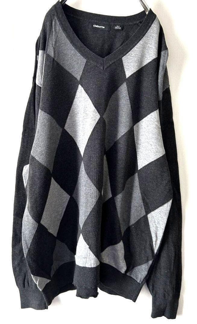 claiborne Vネック グレー古着 セーター ニット アーガイル XL — image 3