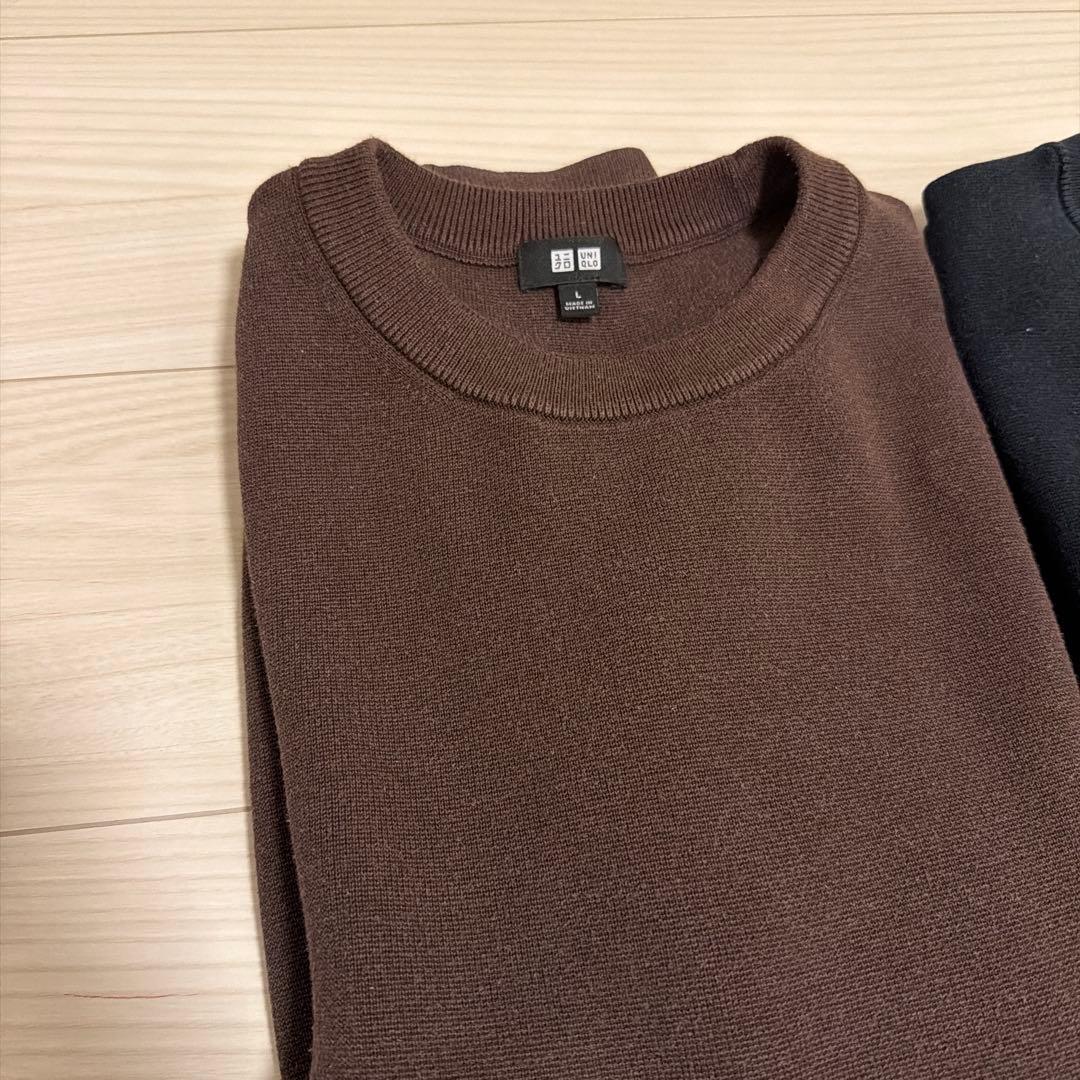 UNIQLO ブラウン ブラック　Lウォッシャブルミラノリブクルーネックセーター — image 2
