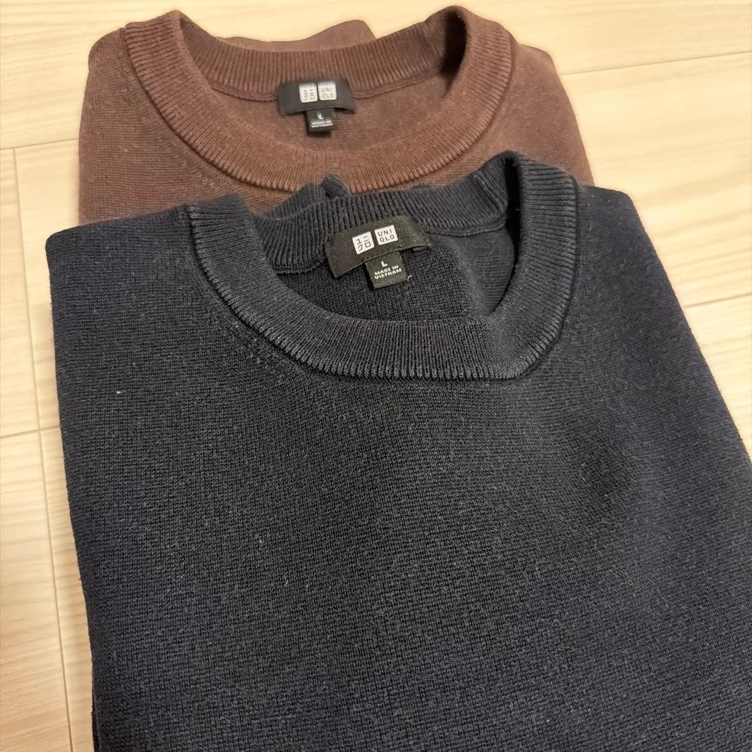 UNIQLO ブラウン ブラック　Lウォッシャブルミラノリブクルーネックセーター — image 3