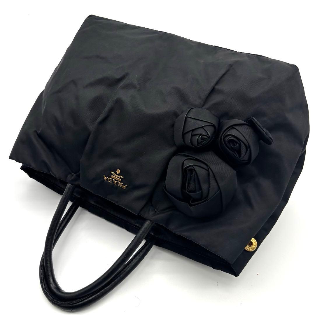 PRADA プラダ ハンドバック ナイロン ローズ ブラック ロゴ金具 レザー — image 3
