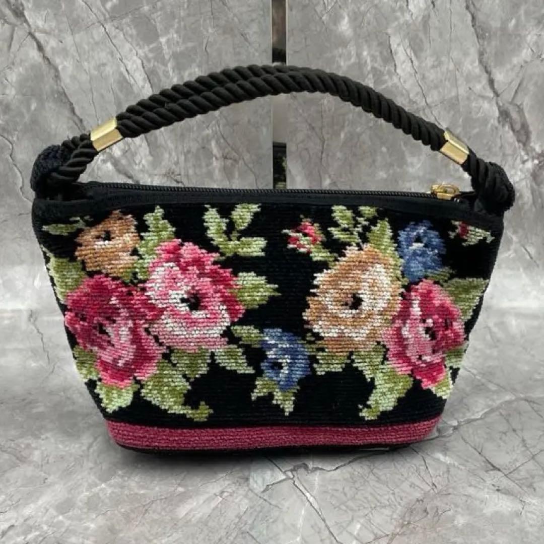 レイクアルスター 花柄 シェニール織 ハンドバッグ ミニバッグ ブラック — image 3