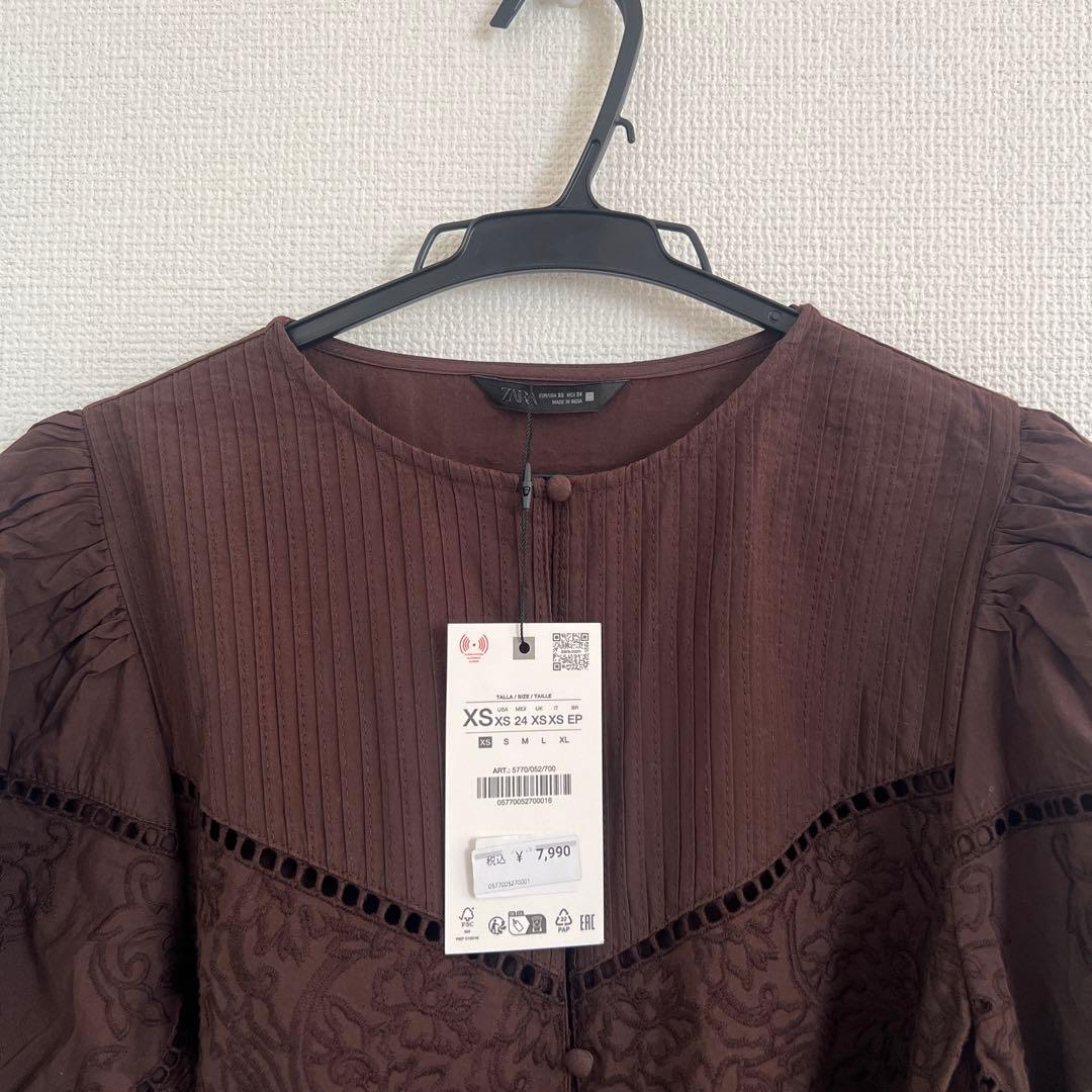 新品タグ付　ザラ　ZARA ワンピ　チュニック　ブラウン コットン 刺繍レース — image 2