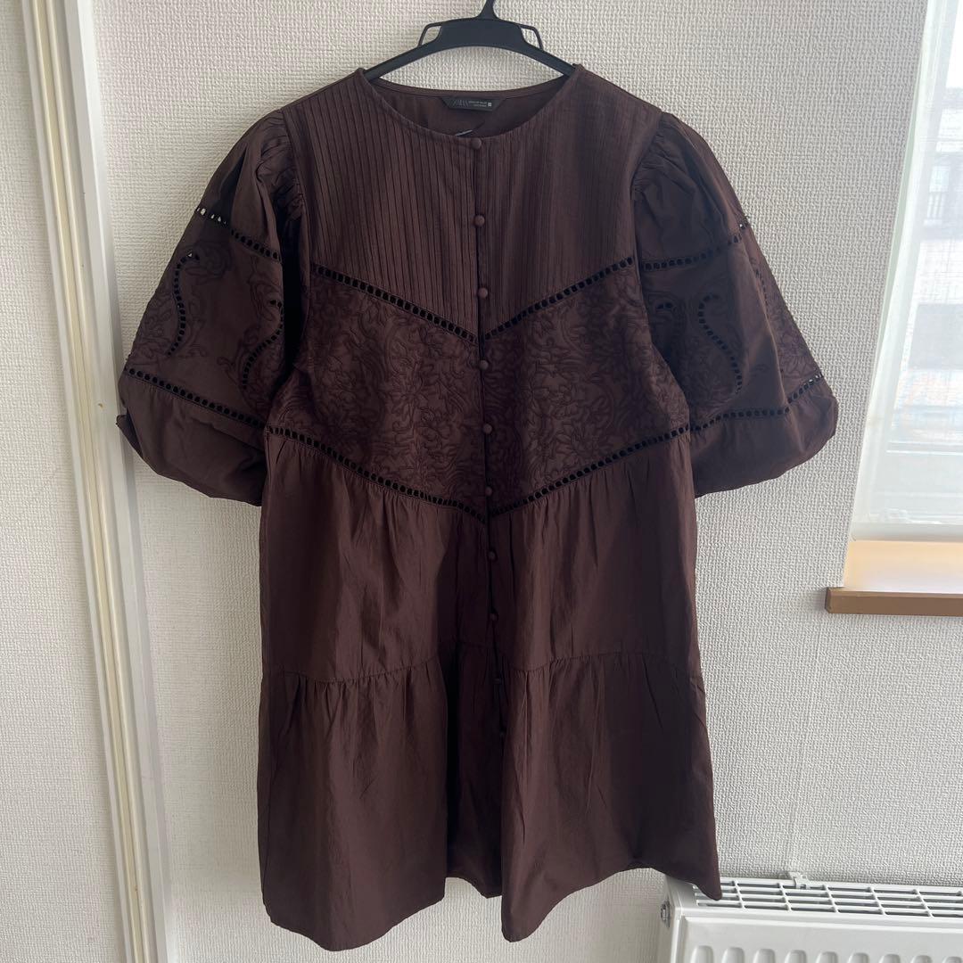 新品タグ付　ザラ　ZARA ワンピ　チュニック　ブラウン コットン 刺繍レース — image 3