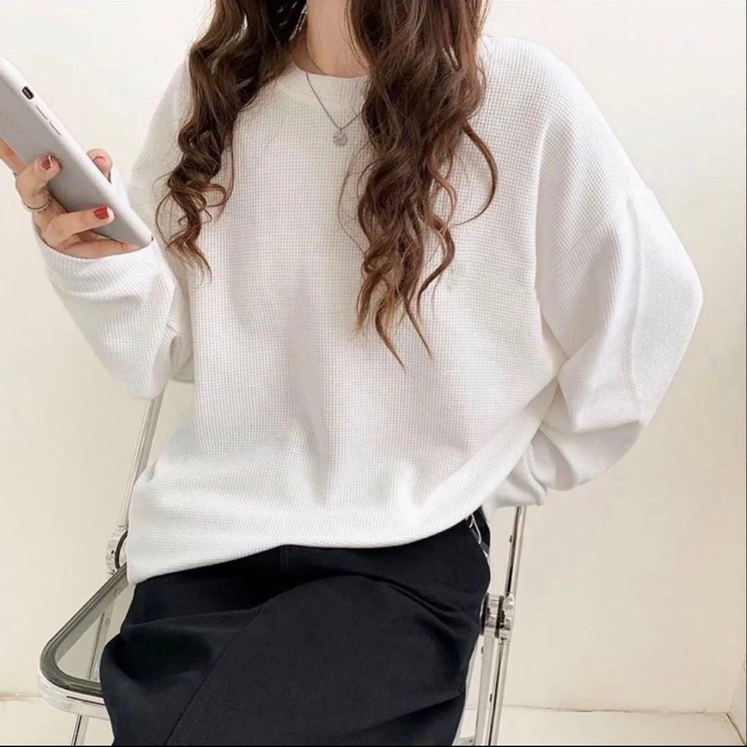 ワッフルロンT レディース 2XL ホワイト 長袖 ゆったり 体型カバー — image 2