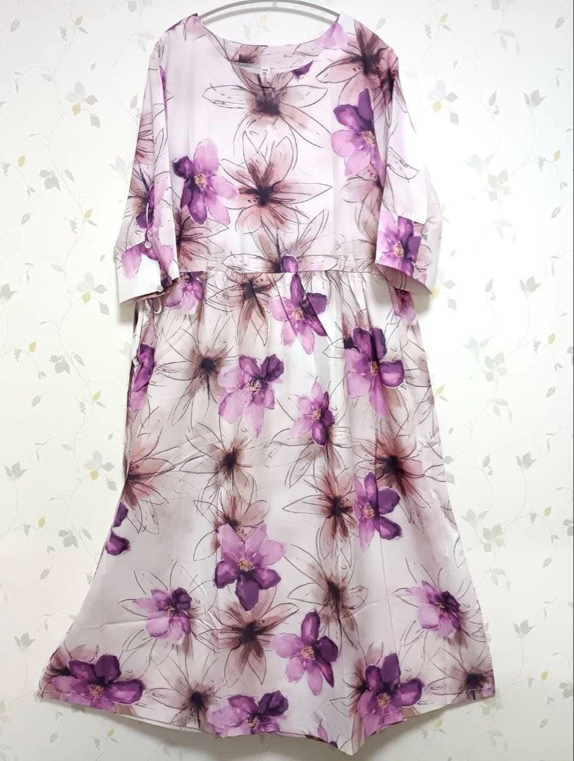 新品 花柄ロングフレアワンピース 2XL ピンク — image 3
