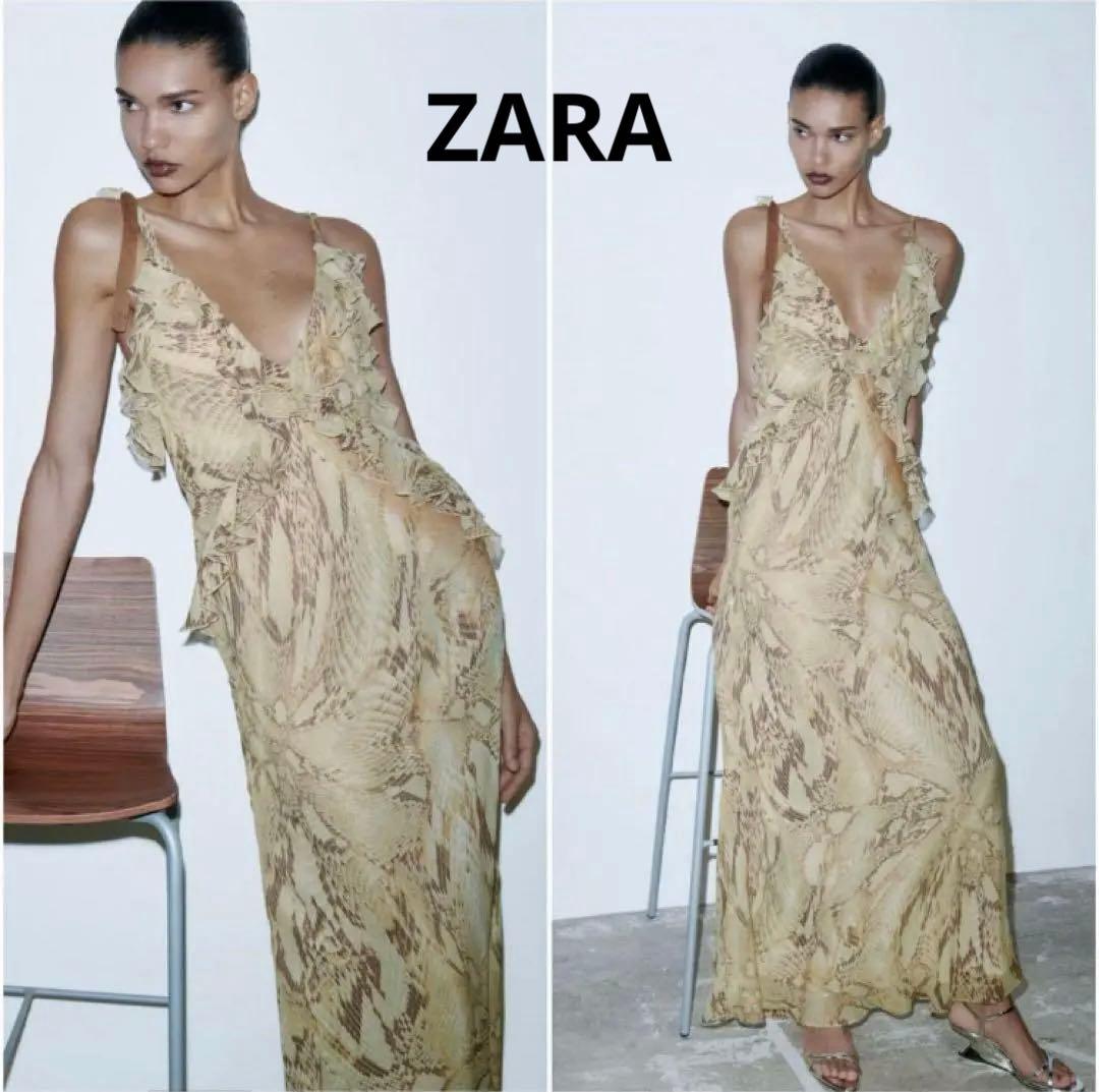 美品 ✨ZARA アニマル ロング ワンピース リボン フリル パイソン ヘビ柄 — image 2